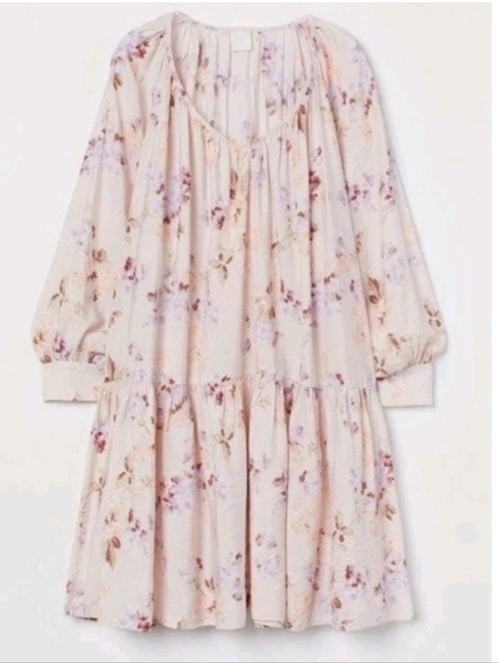 H&M Pink Floral Print Airy A-Line Smock Dress Long Slvs Deep Vneck Oversized MED